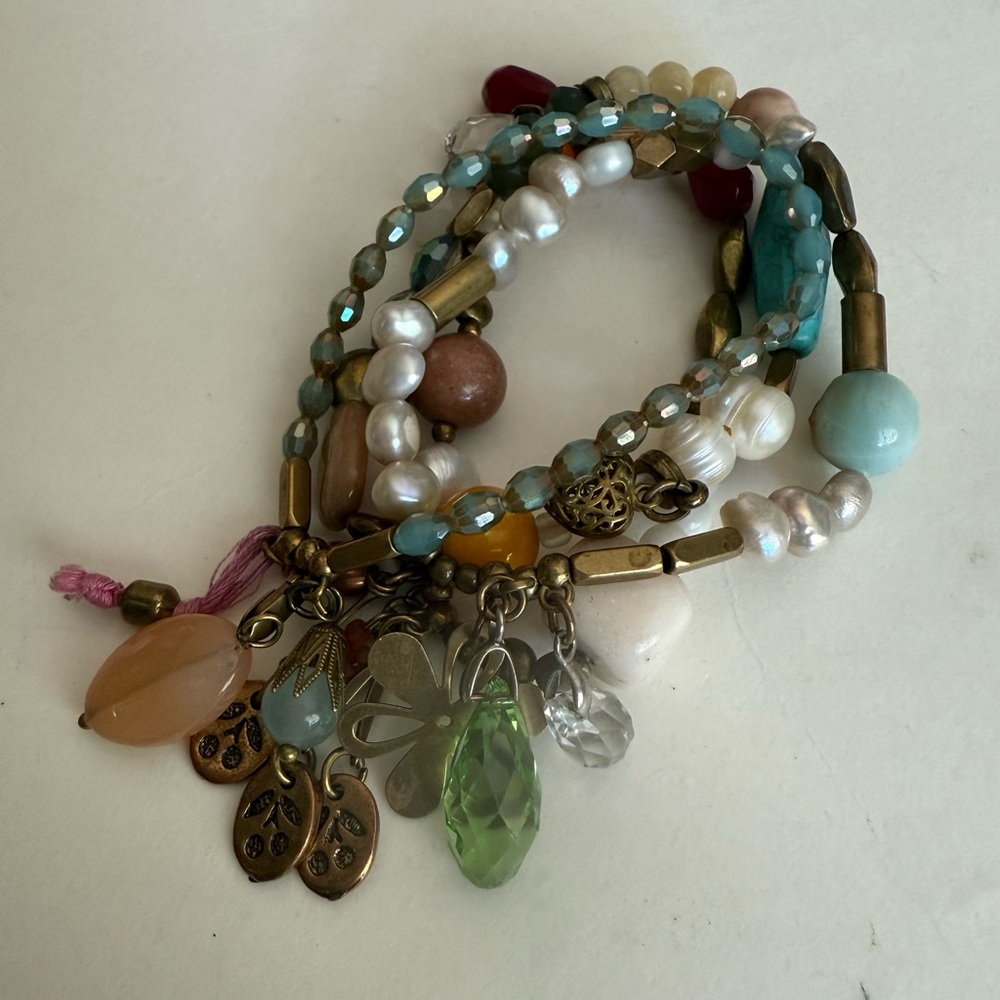 Set of 4  Pearl , Gemstone and Brass Bohemian Stretch Bracelet